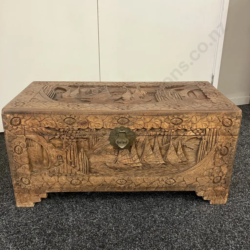 Vintage Fully Carved Camphorwood Chest "Chinese Junks". H38 W79 D38cm - You On & Company Hongkong Image 1++