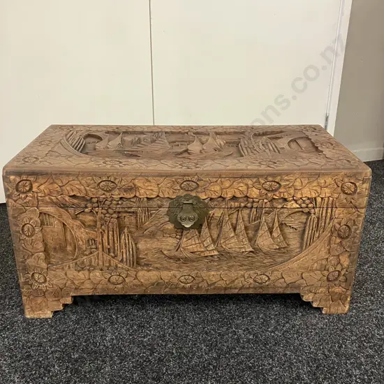 Vintage Fully Carved Camphorwood Chest "Chinese Junks". H38 W79 D38cm - You On & Company Hongkong