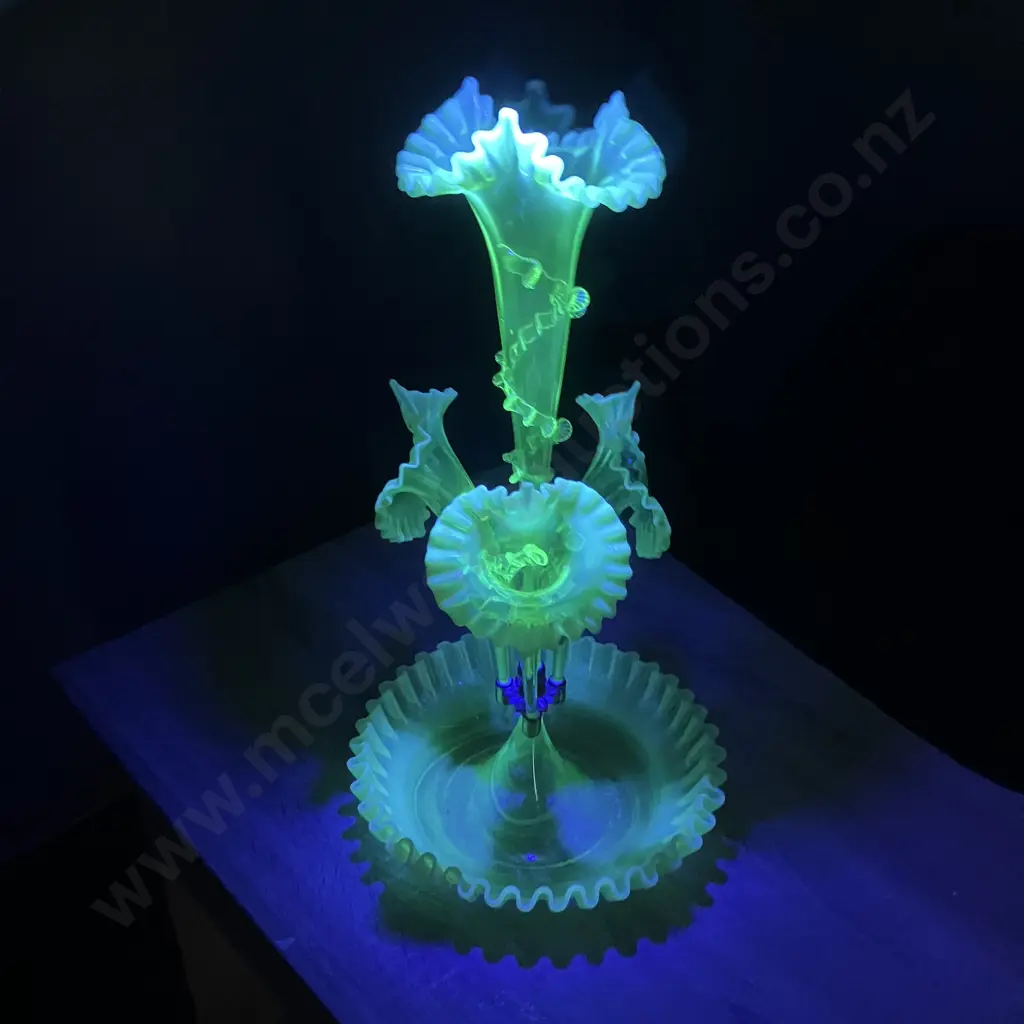Antique Victorian Opalescent Vaseline "Uranium" Glass Epergne With Four Trumpet Vases. H53cm Image 1++