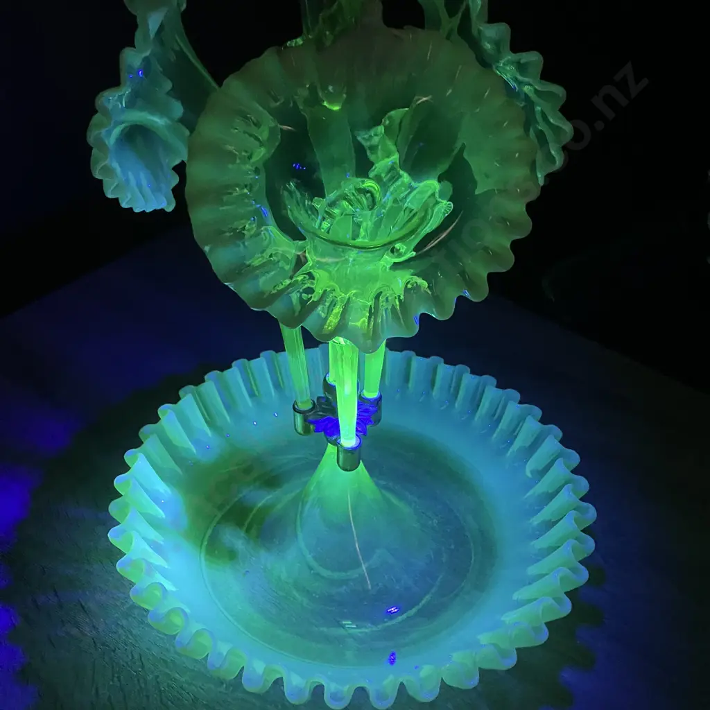 Antique Victorian Opalescent Vaseline "Uranium" Glass Epergne With Four Trumpet Vases. H53cm Image 1++