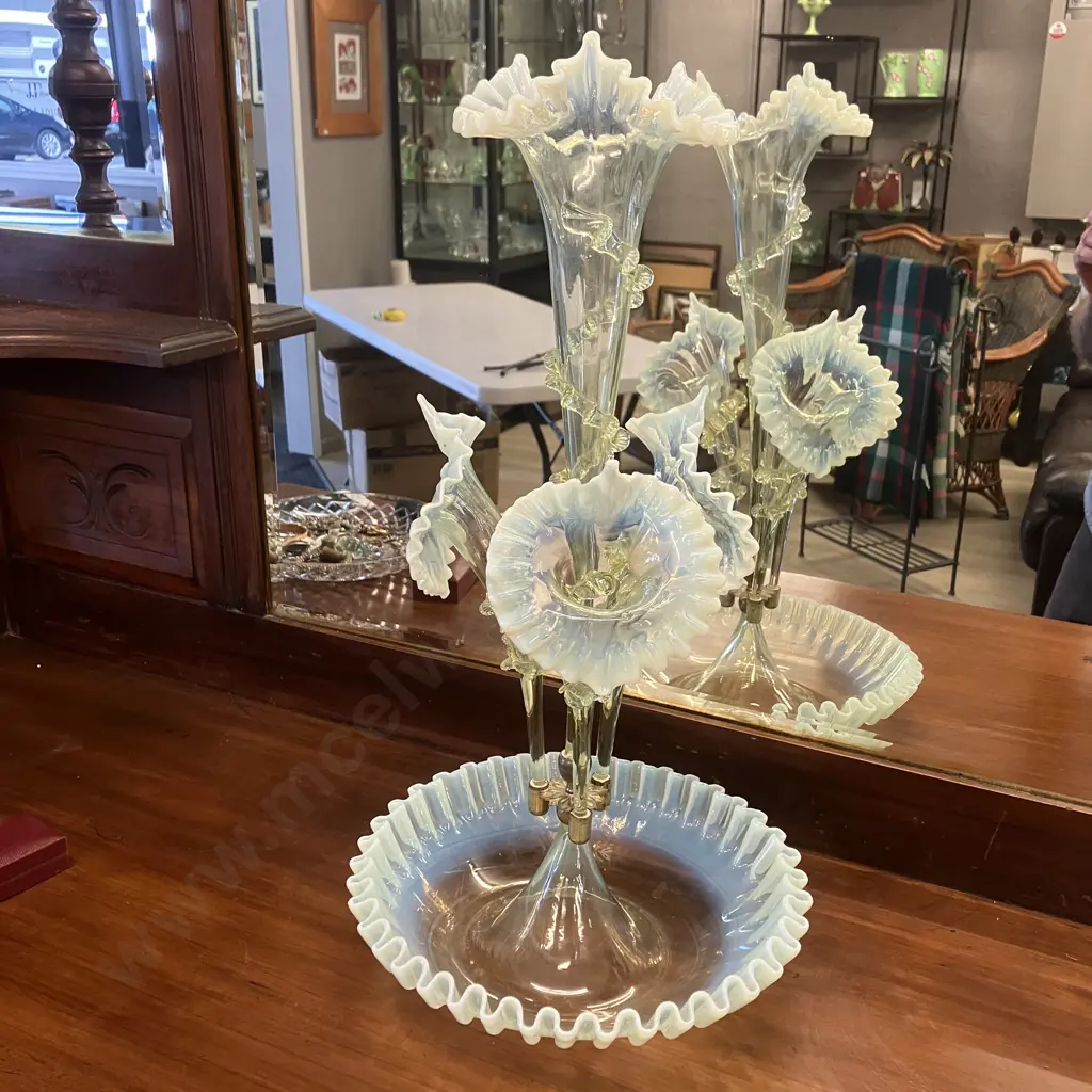 Antique Victorian Opalescent Vaseline "Uranium" Glass Epergne With Four Trumpet Vases. H53cm Image 1++