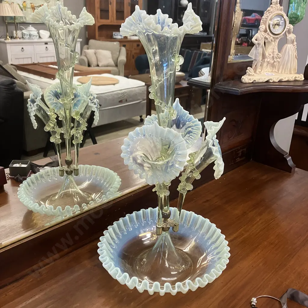 Antique Victorian Opalescent Vaseline "Uranium" Glass Epergne With Four Trumpet Vases. H53cm Image 1++