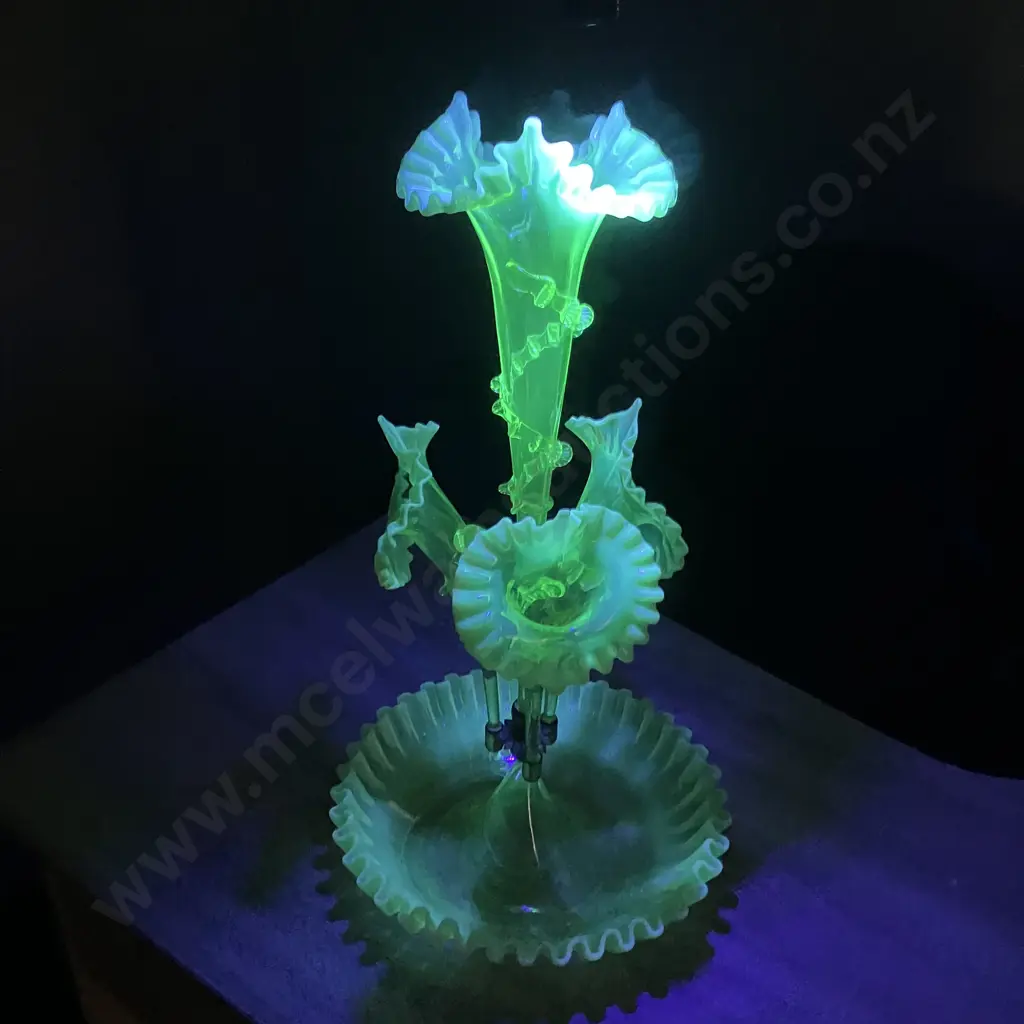 Antique Victorian Opalescent Vaseline "Uranium" Glass Epergne With Four Trumpet Vases. H53cm Image 1++