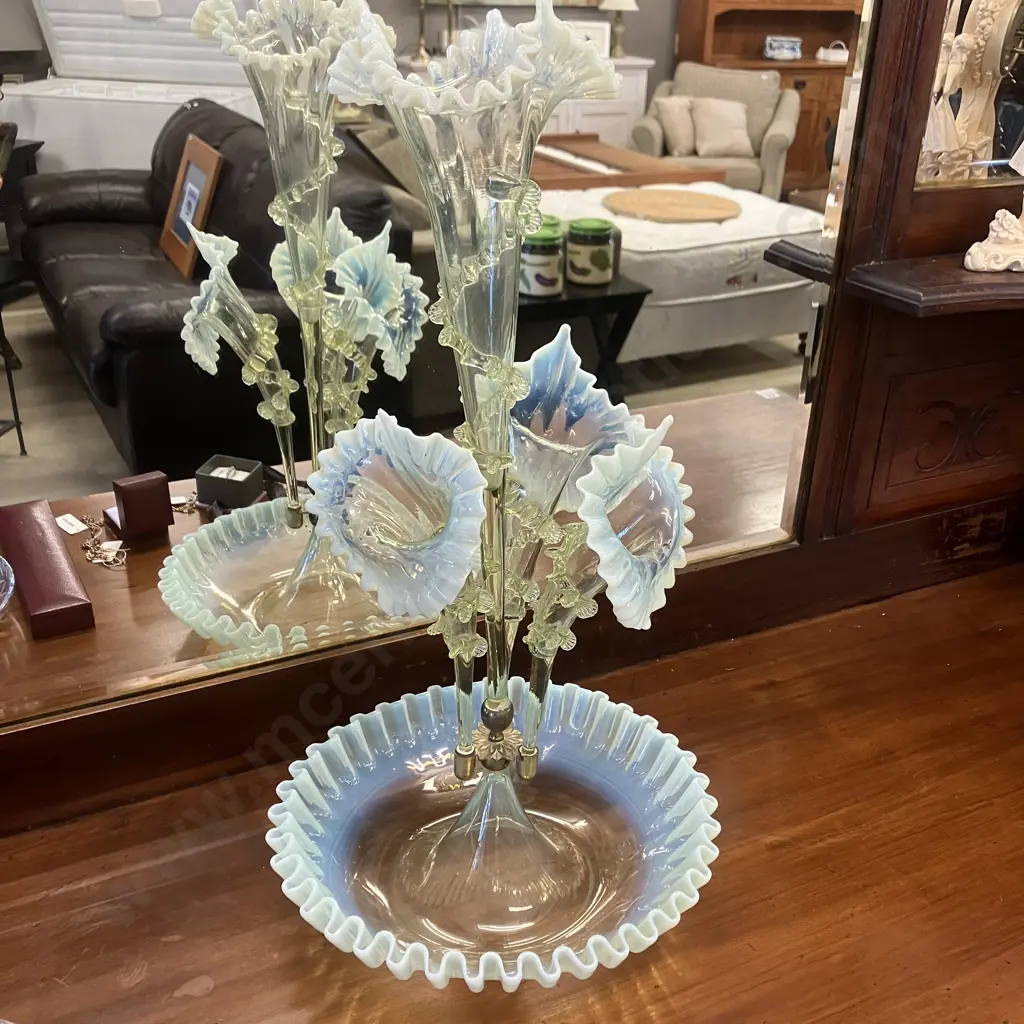 Antique Victorian Opalescent Vaseline "Uranium" Glass Epergne With Four Trumpet Vases. H53cm Image 1++