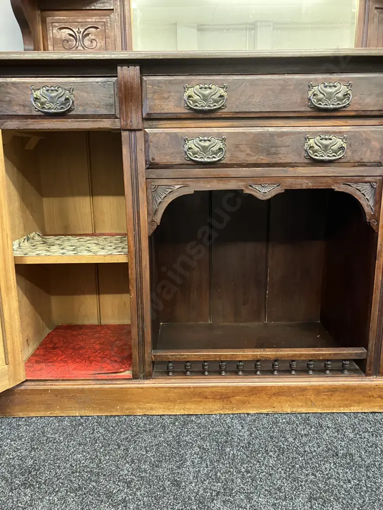 Victorian Carved Mahogany Mirror Back Sideboard, 4 Drawer, 3 Door, 2 Piece. H241 W152 D52cm Image 1++