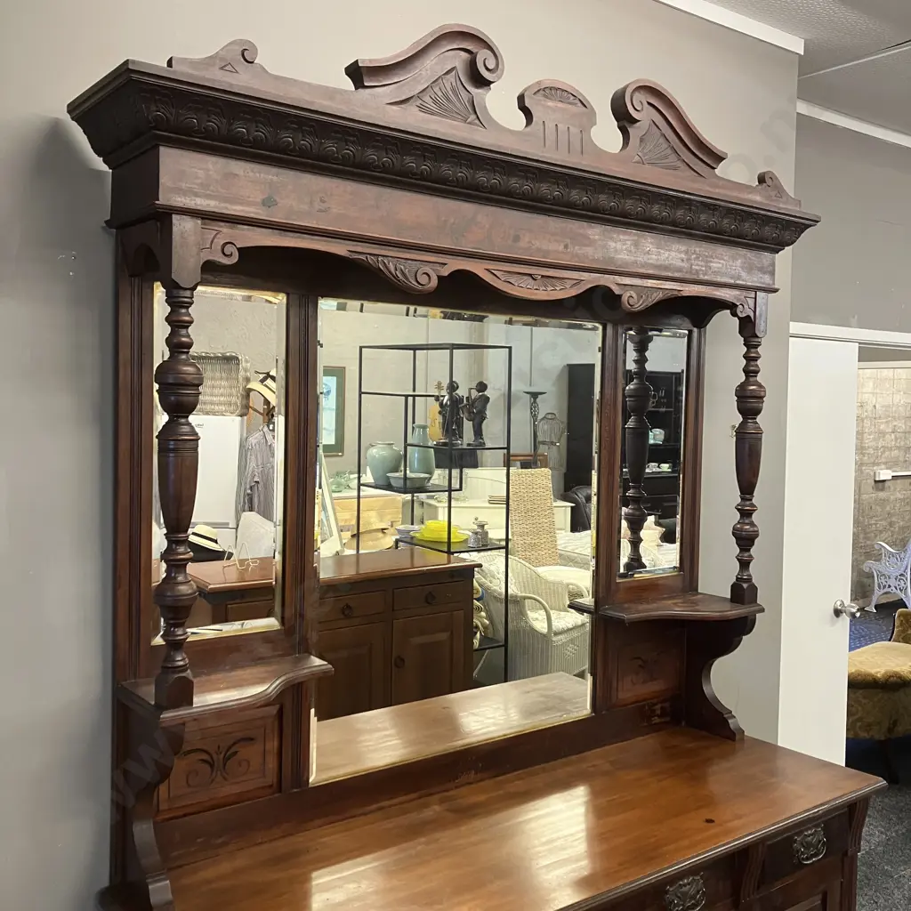 Victorian Carved Mahogany Mirror Back Sideboard, 4 Drawer, 3 Door, 2 Piece. H241 W152 D52cm Image 1++