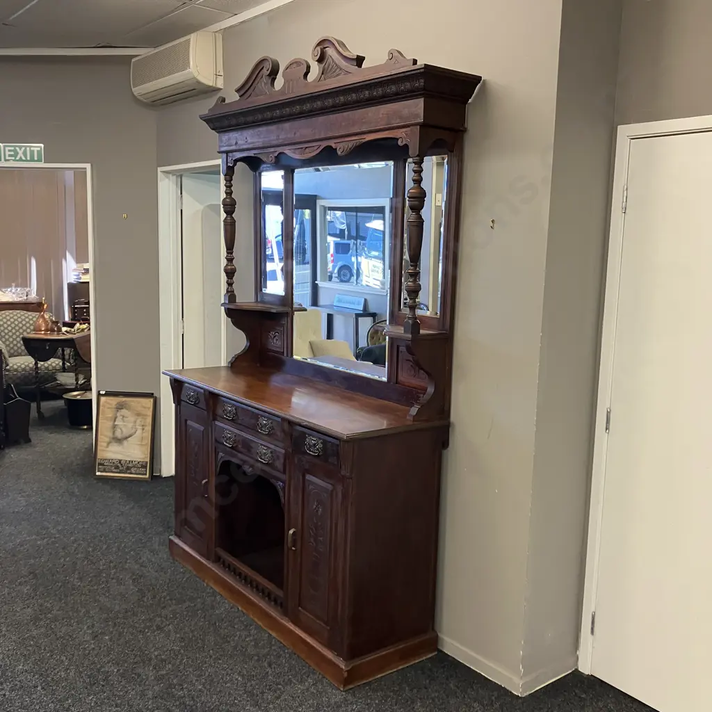 Victorian Carved Mahogany Mirror Back Sideboard, 4 Drawer, 3 Door, 2 Piece. H241 W152 D52cm Image 1++
