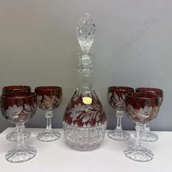 Hofbauer Genuine West German Lead Crystal Decanter & Six Wine Goblets