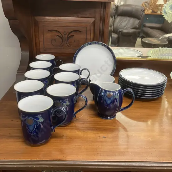 Rare Denby Baroque Cobalt Blue & Floral China - 8 x Mugs, 8 x Bread & Butter Plates, Creamer & Footed Bowl