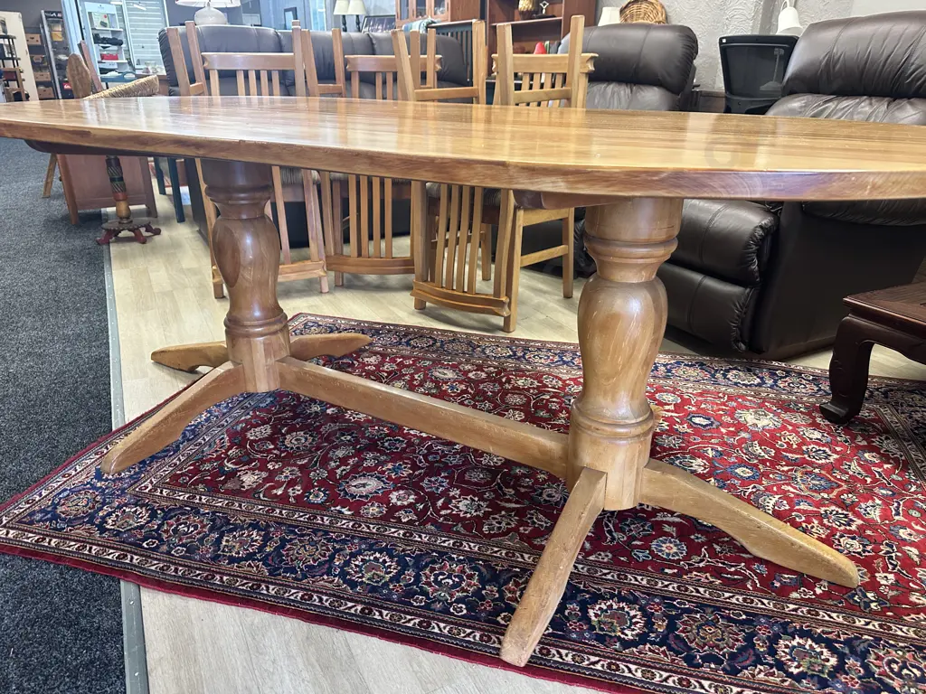 Kauri Oval Dining Table, Double Pedestal, H75 W203 D108cm With 8 Kauri Slat Back Dining Chairs Image 1++