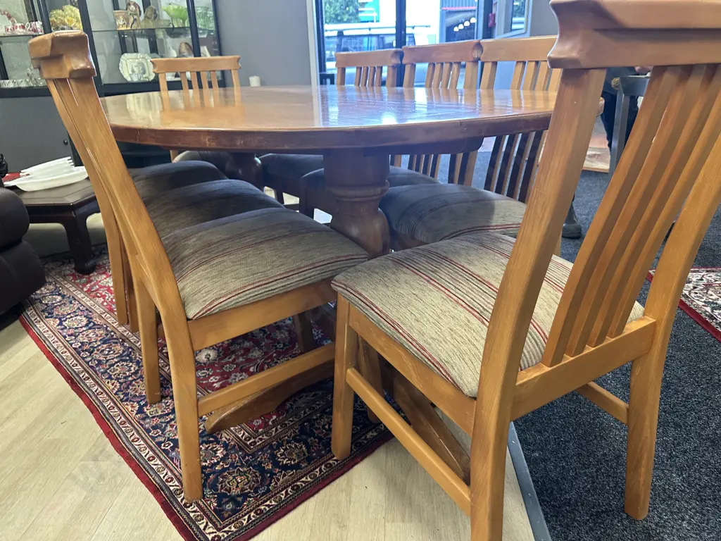 Kauri Oval Dining Table, Double Pedestal, H75 W203 D108cm With 8 Kauri Slat Back Dining Chairs Image 1++