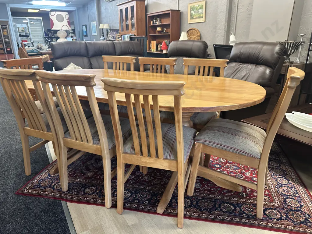 Kauri Oval Dining Table, Double Pedestal, H75 W203 D108cm With 8 Kauri Slat Back Dining Chairs Image 1++