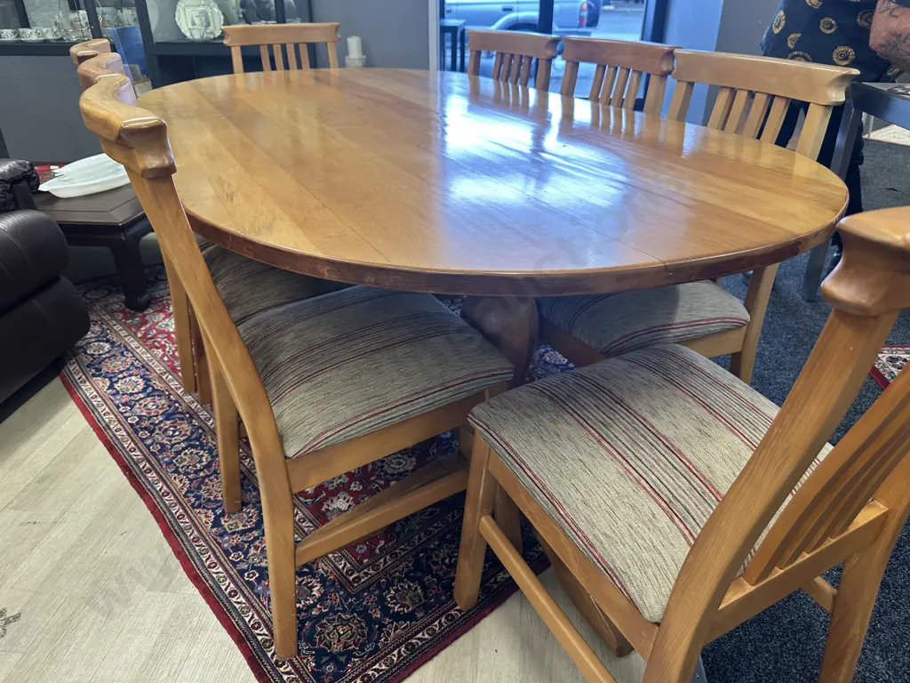 Kauri Oval Dining Table, Double Pedestal, H75 W203 D108cm With 8 Kauri Slat Back Dining Chairs Image 1++