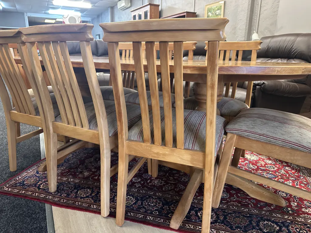 Kauri Oval Dining Table, Double Pedestal, H75 W203 D108cm With 8 Kauri Slat Back Dining Chairs Image 1++