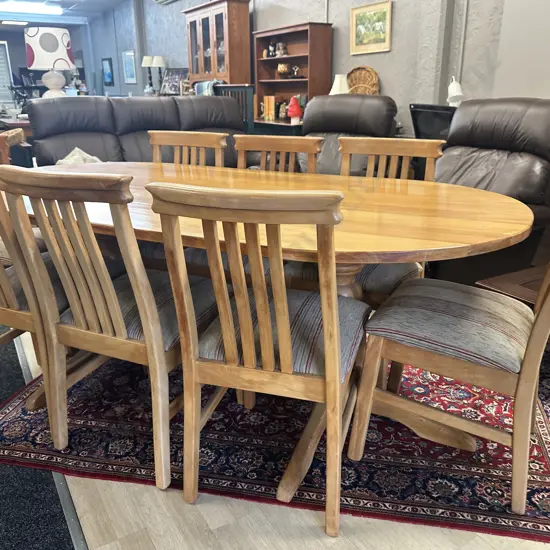 Kauri Oval Dining Table, Double Pedestal, H75 W203 D108cm With 8 Kauri Slat Back Dining Chairs