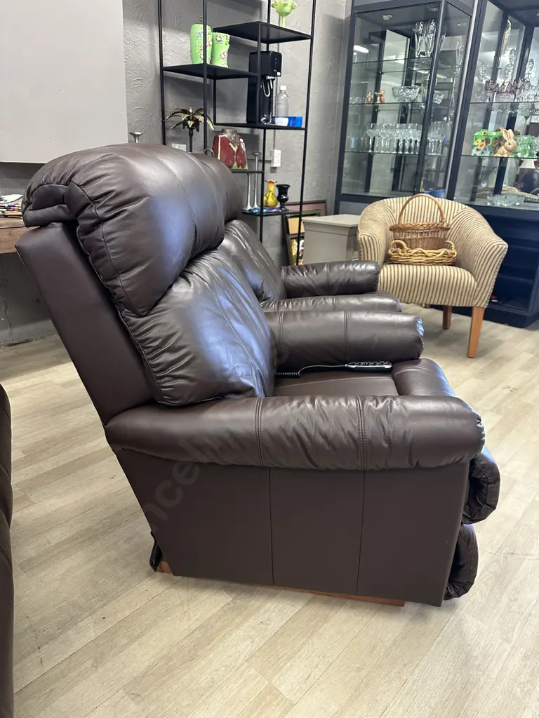 MORGAN La-Z-Boy "Eden" Chocolate Brown Full Leather 3 Seater Couch And Two Power XR+ (electric) Recliner - Rocker Chairs Image 1++