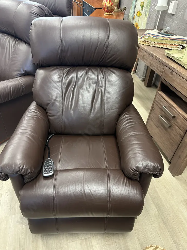 MORGAN La-Z-Boy "Eden" Chocolate Brown Full Leather 3 Seater Couch And Two Power XR+ (electric) Recliner - Rocker Chairs Image 1++