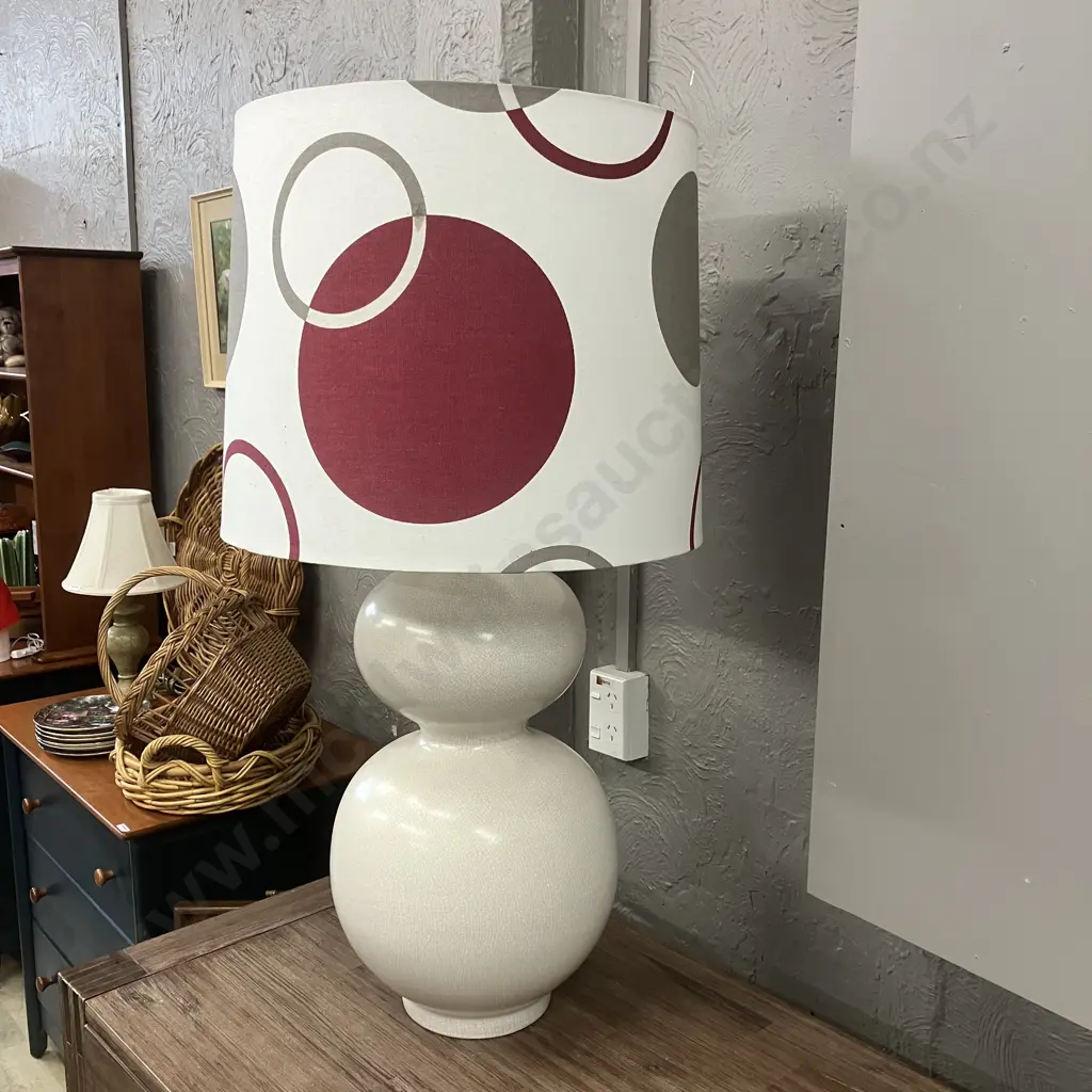 Eunice Taylor Large White Crazed Double Bulbulous Table Lamp With White / Burgundy / Gray Fabric Shade. 96 x 51cm Image 1++