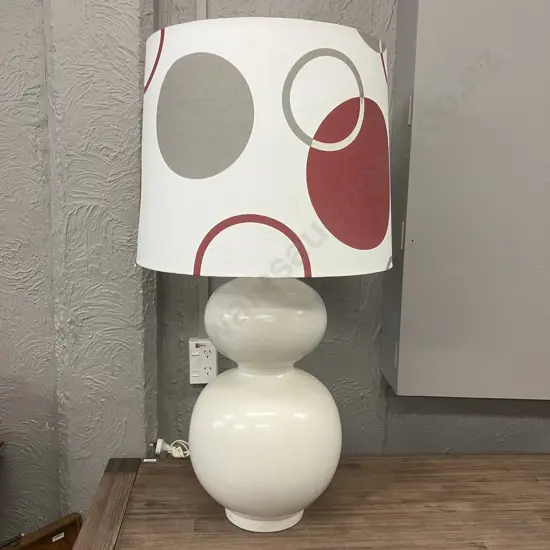 Eunice Taylor Large White Crazed Double Bulbulous Table Lamp With White / Burgundy / Gray Fabric Shade. 96 x 51cm