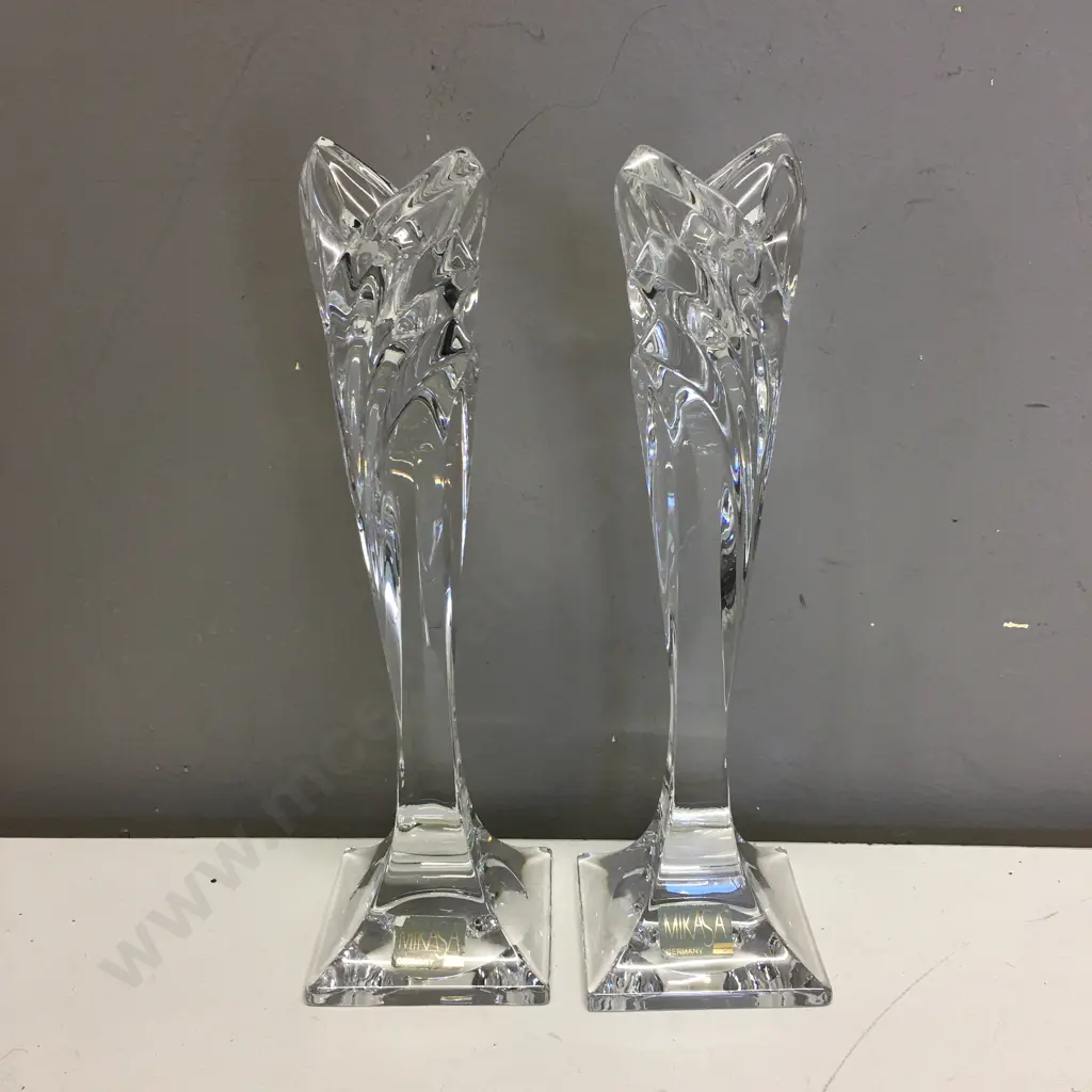 Pair of Slovenia Mikasa Crystal Candle Holders, Swirl Pattern. H24cm Image 1++