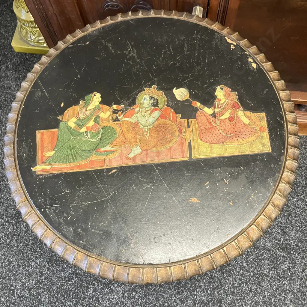 Antique Decorative North Indian Painted Pedestal Table. 55 x 45.5cm Image 1++