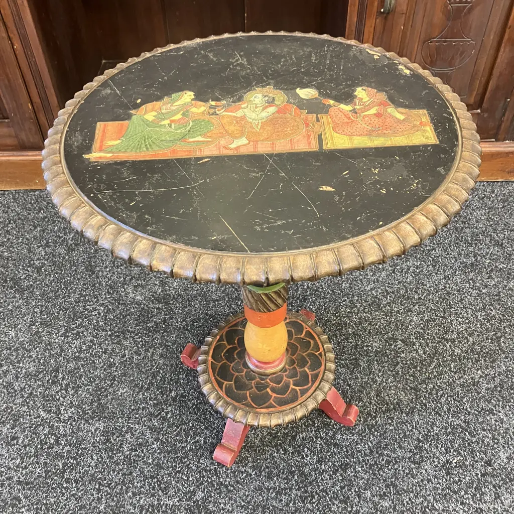 Antique Decorative North Indian Painted Pedestal Table. 55 x 45.5cm Image 1++