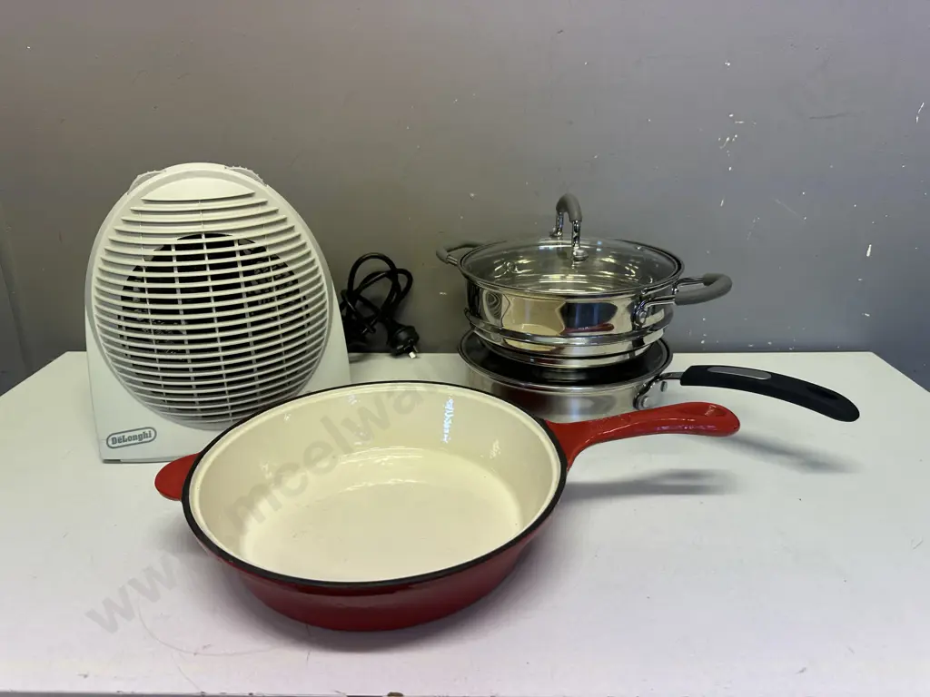 Red & White Enamel Cast Pan, Baccarat Pot & Steamer & Delonghi Heater Image 1++