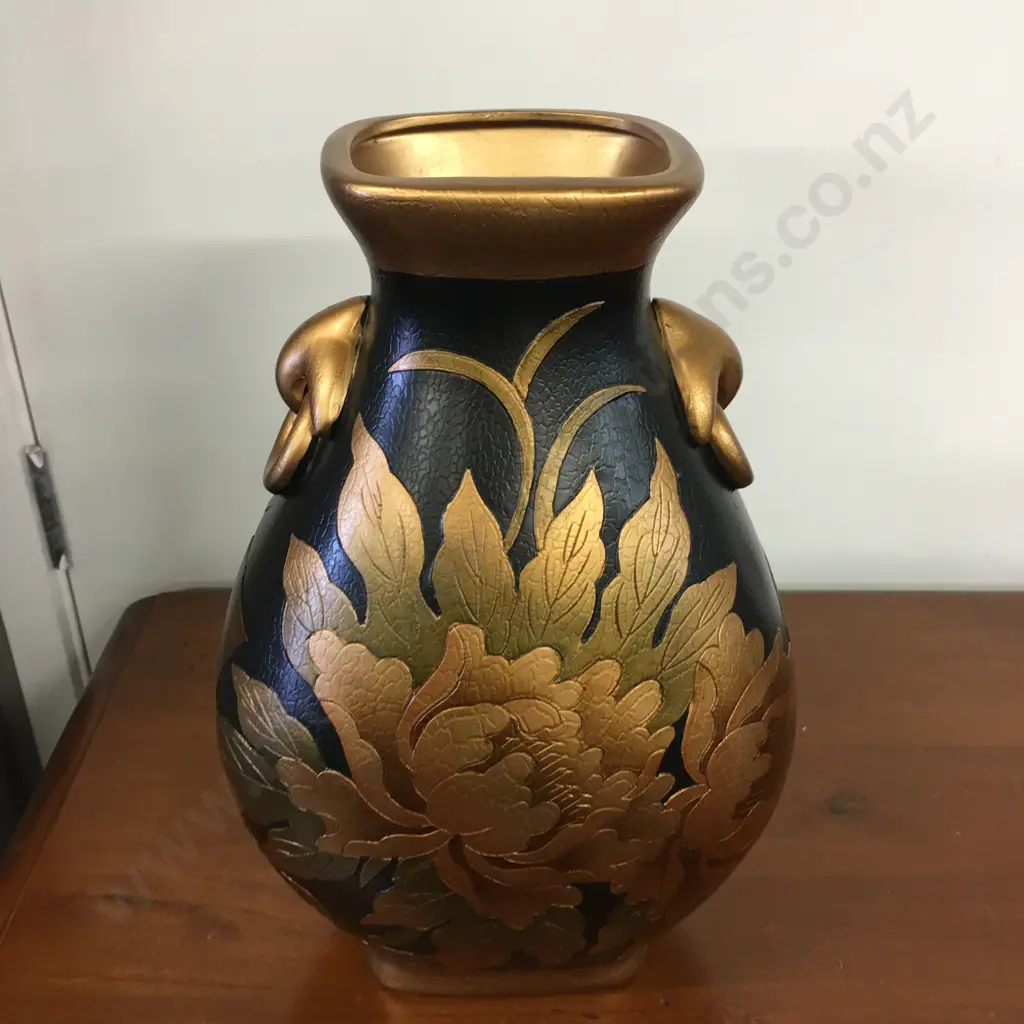 Decorative Vase Black With Embossed Gold Leaf Detail H36cm. And 2 Bunches of Yellow Faux Roses Image 1++