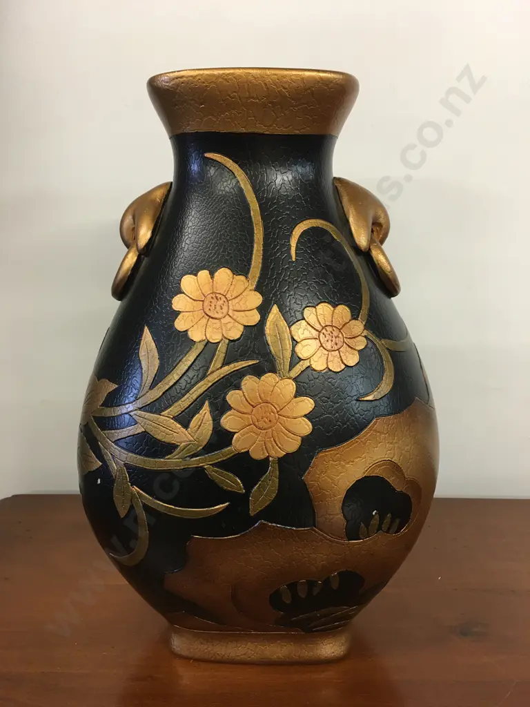 Decorative Vase Black With Embossed Gold Leaf Detail H36cm. And 2 Bunches of Yellow Faux Roses Image 1++