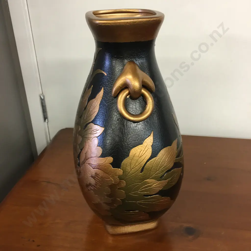 Decorative Vase Black With Embossed Gold Leaf Detail H36cm. And 2 Bunches of Yellow Faux Roses Image 1++