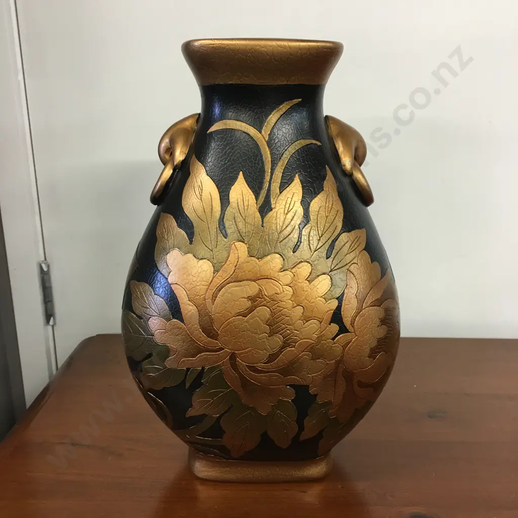 Decorative Vase Black With Embossed Gold Leaf Detail H36cm. And 2 Bunches of Yellow Faux Roses Image 1++