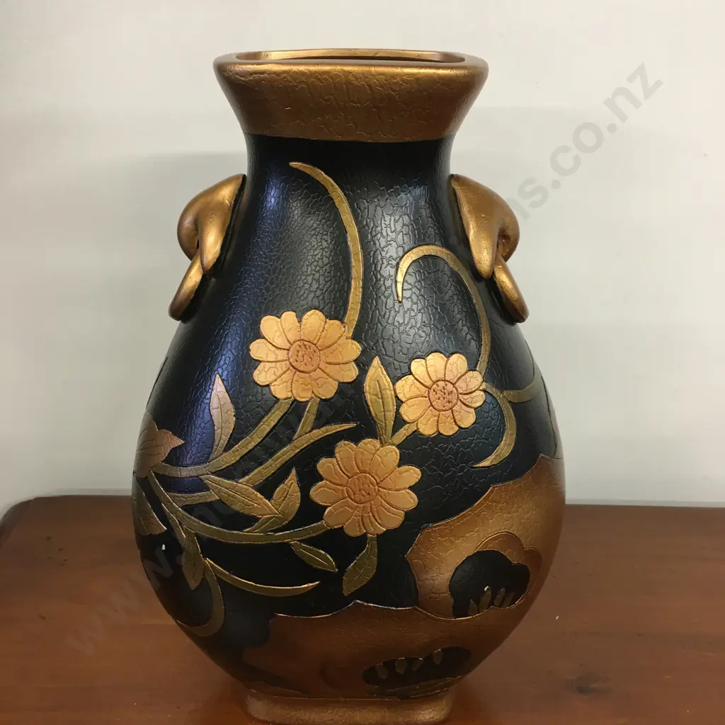 Decorative Vase Black With Embossed Gold Leaf Detail H36cm. And 2 Bunches of Yellow Faux Roses Image 1++