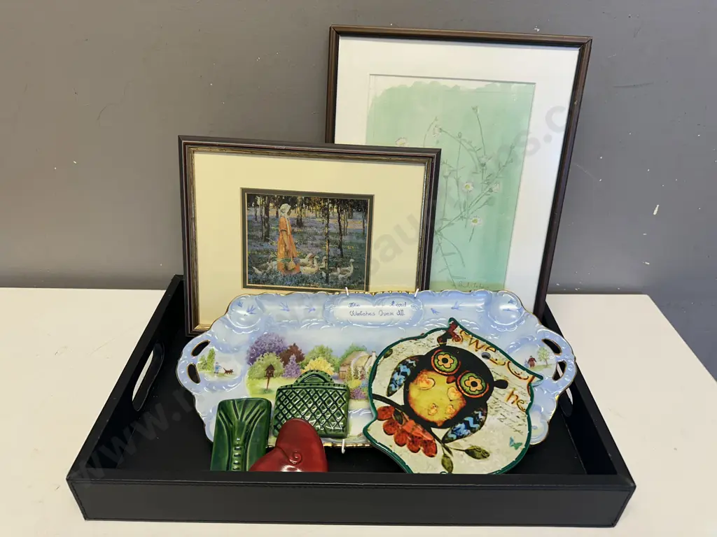 Double Handled Leather Look Tray With Wall Plaques & Art Work Image 1++
