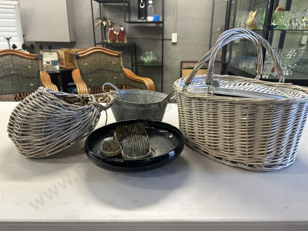 Vintage Cane Picnic Hamper, Wall Hung Basket & Planters Image 1++