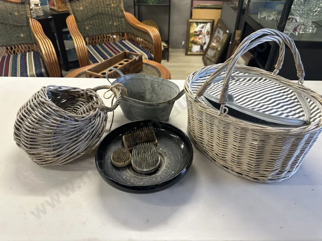 Vintage Cane Picnic Hamper, Wall Hung Basket & Planters Image 1++