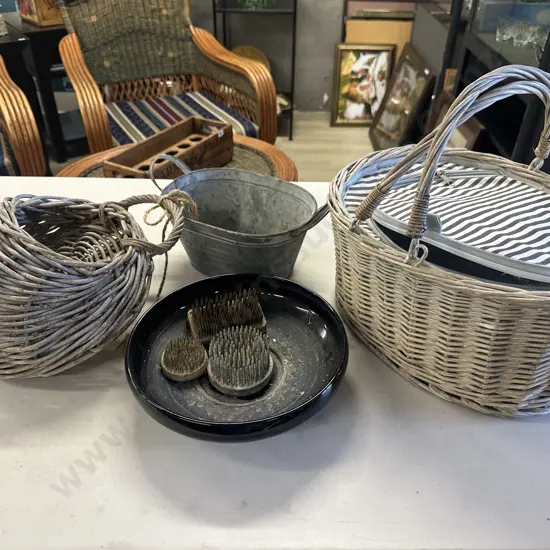 Vintage Cane Picnic Hamper, Wall Hung Basket & Planters