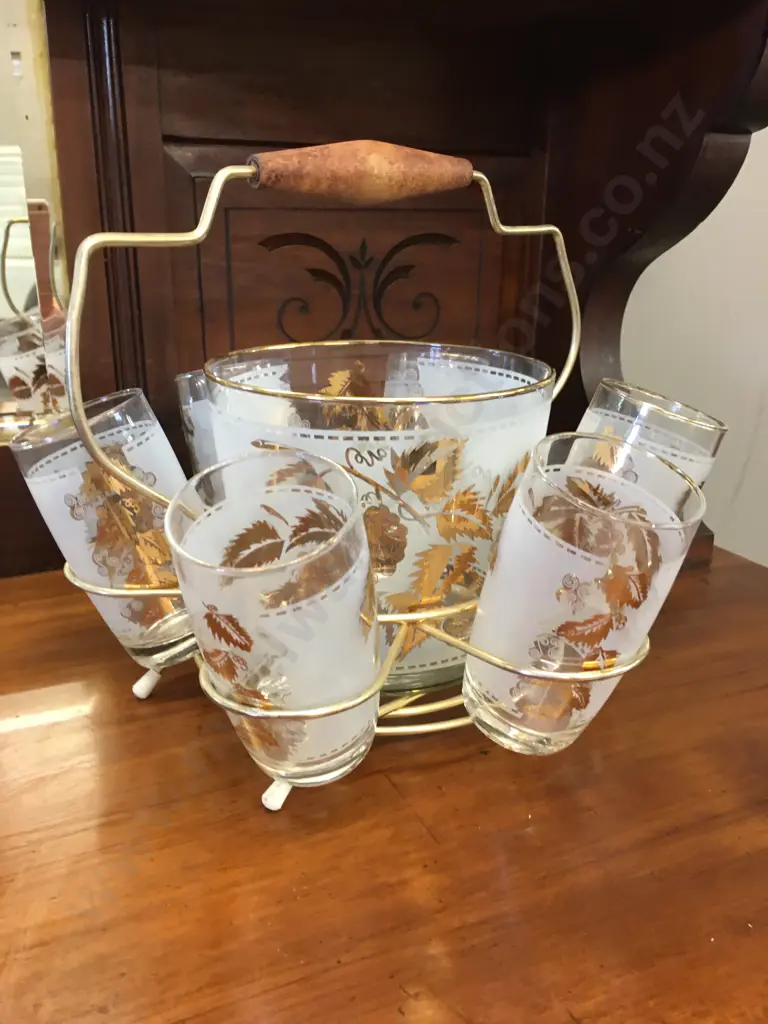 Set of 6 Frosted Gold Leaf Drinking Glasses & Ice Bucket In A Retro Atomic Gold Caddy Image 1++