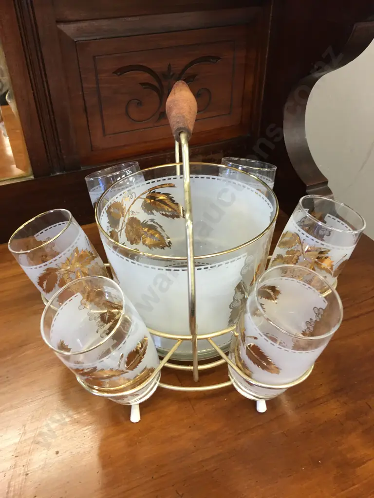 Set of 6 Frosted Gold Leaf Drinking Glasses & Ice Bucket In A Retro Atomic Gold Caddy Image 1++