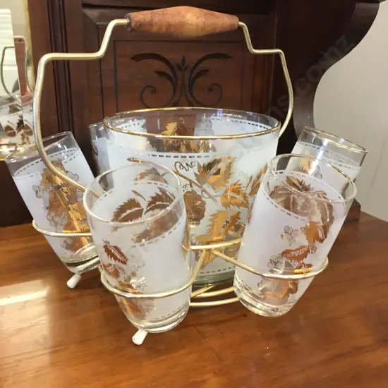 Set of 6 Frosted Gold Leaf Drinking Glasses & Ice Bucket In A Retro Atomic Gold Caddy
