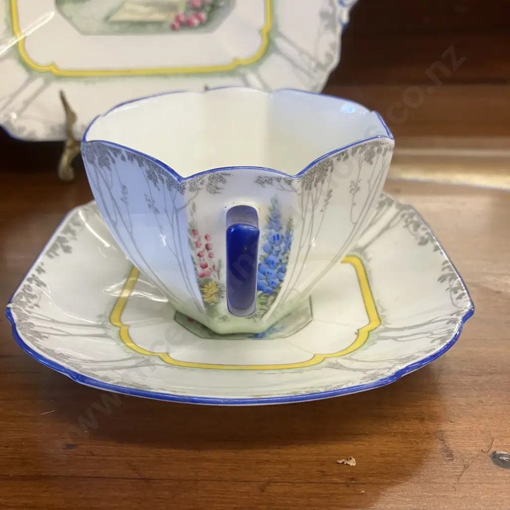 Art Deco Shelley Queen Anne Shape "My Garden" Pattern Cup & Saucer With Cake Plate. #11607 Image 1++