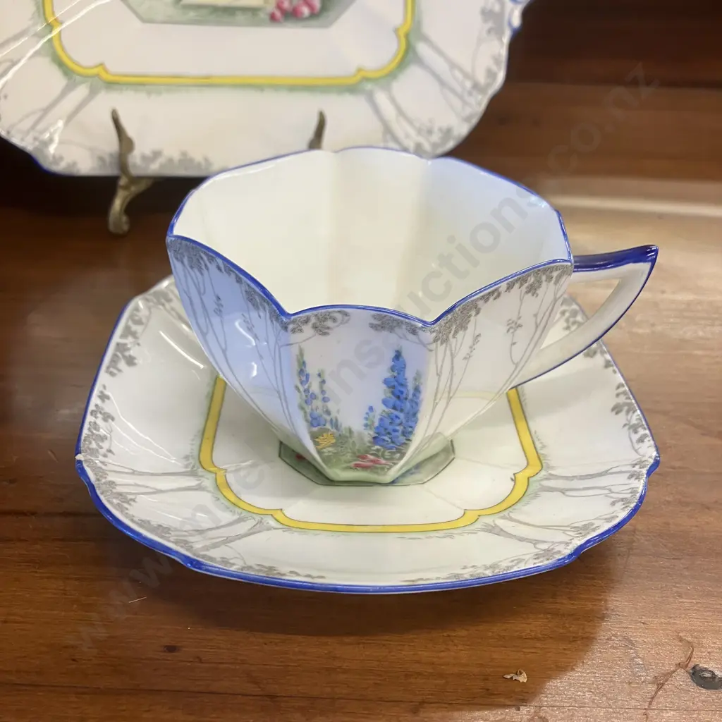 Art Deco Shelley Queen Anne Shape "My Garden" Pattern Cup & Saucer With Cake Plate. #11607 Image 1++