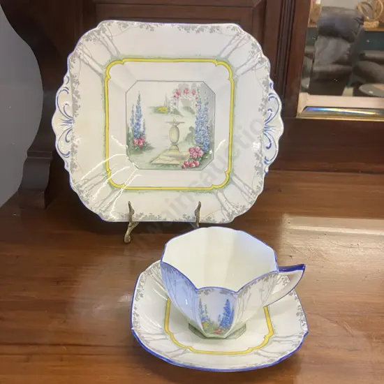Art Deco Shelley Queen Anne Shape "My Garden" Pattern Cup & Saucer With Cake Plate. #11607