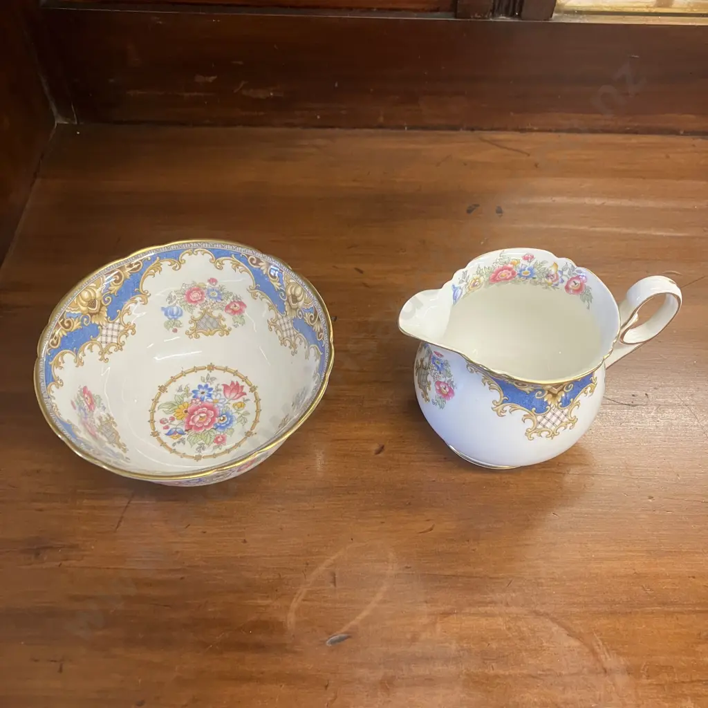 Shelley "Sheraton Blue" Scalloped Creamer & Sugar Bowl. #13291 Image 1++