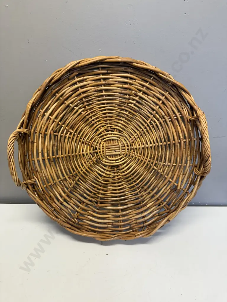 Vintage Round Double Handled Cane Serving Tray Dia55cm. Image 1++