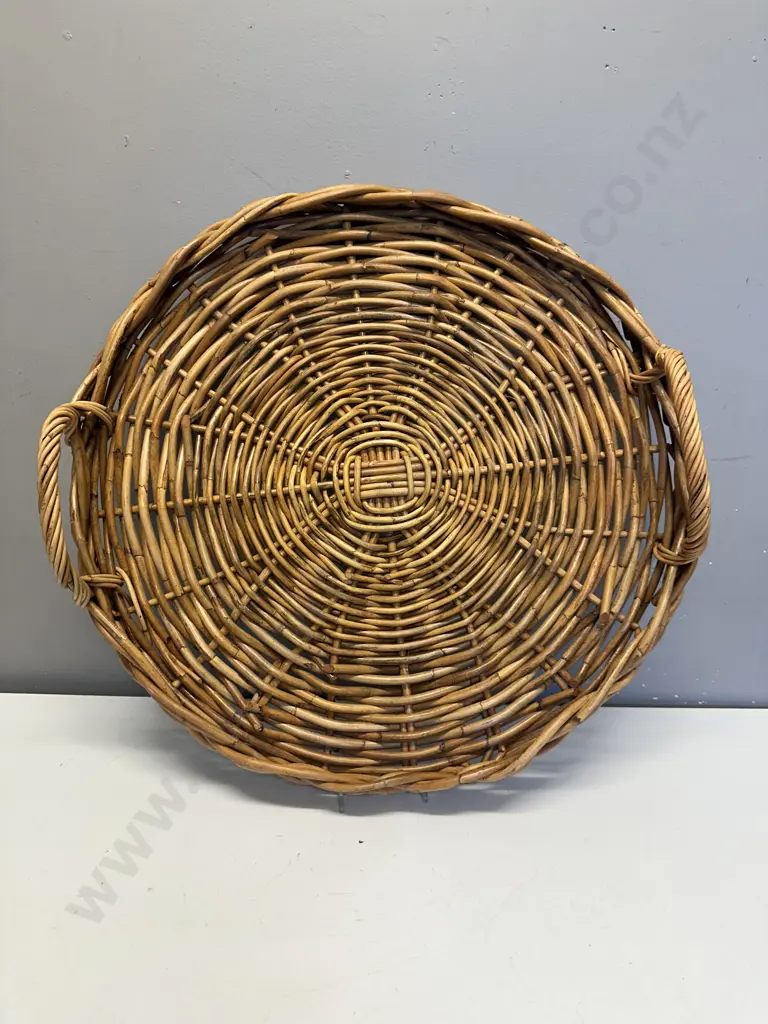 Vintage Round Double Handled Cane Serving Tray Dia55cm. Image 1++