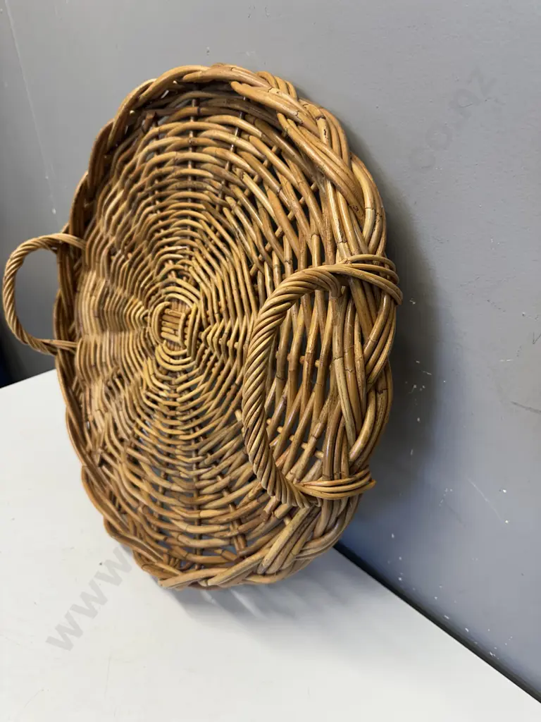 Vintage Round Double Handled Cane Serving Tray Dia55cm. Image 1++