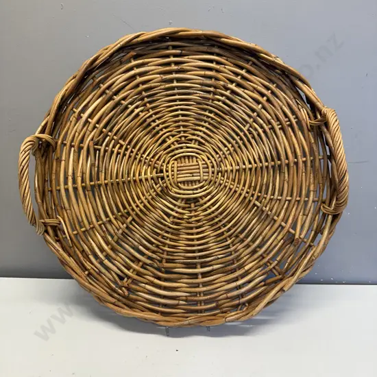 Vintage Round Double Handled Cane Serving Tray Dia55cm.