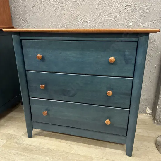 Nadeau (Canada) Green Painted Fruitwood 3 Drawer Chest With Wooden Knobs. H77 W81 D50cm
