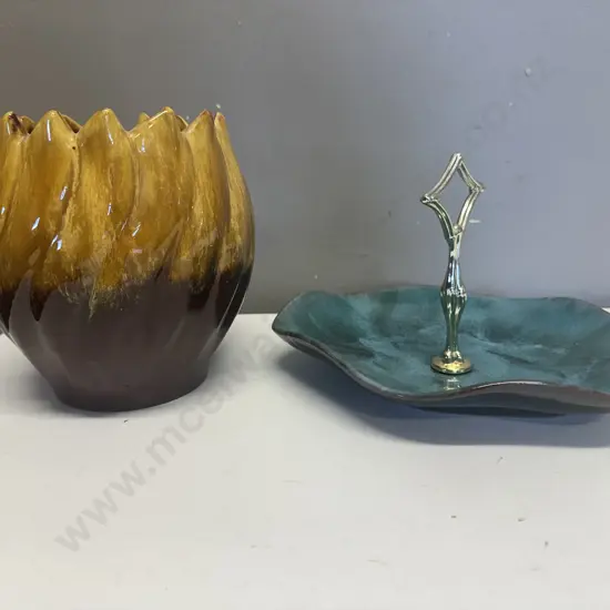 Vintage Blue Mountain Pottery Canada Harvest Gold Glaze Tulip Planter 17 x 14cm & 23cm Handled Blue Toned Serving Dish