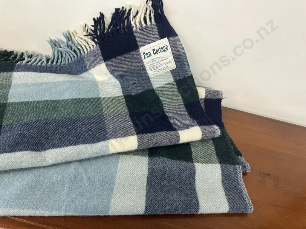 Rusk & Finch Ltd 'Pan Cottage' New Zealand Travel / Knee Rug - 50% Kid Mohair 50% Wool, Blue / Green / White Image 1++